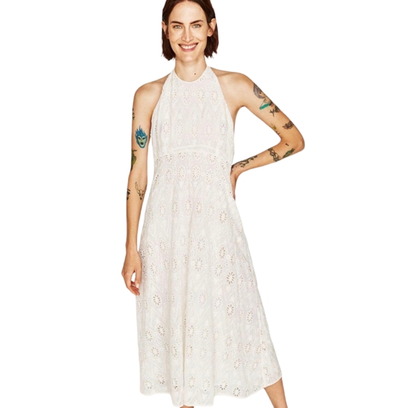 Zara Dresses & Skirts - Zara midi dress size Large white halter eyelet flowy
